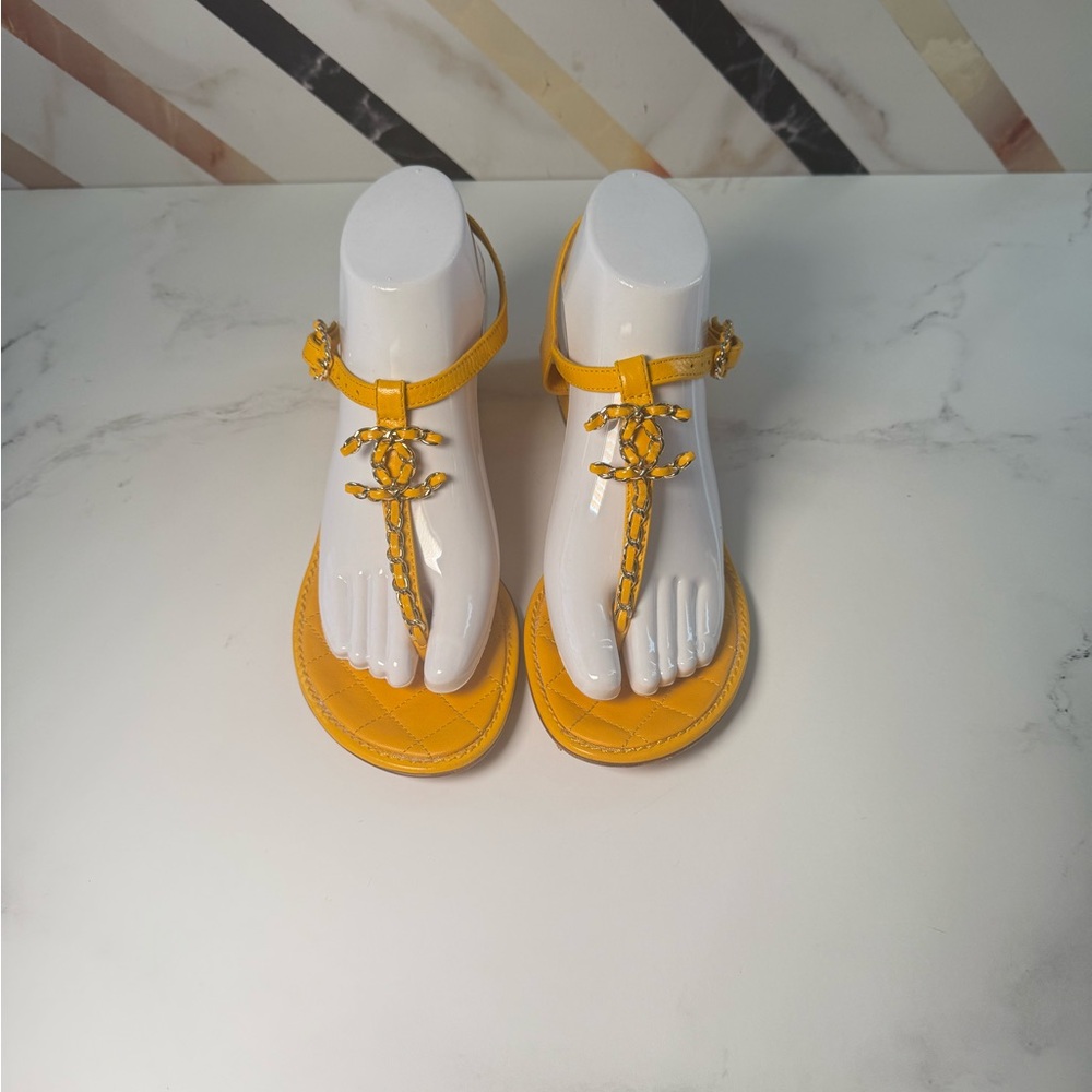 Authentic Chanel Yellow Quilted Leather CC Logo Sandals 39